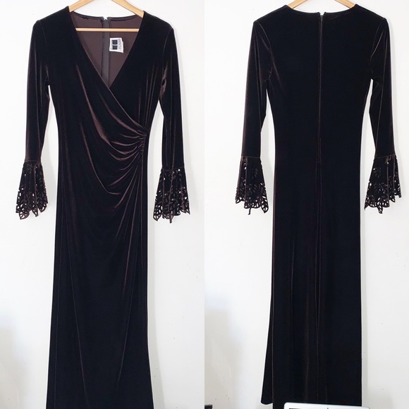 Tadashi Shoji Dresses & Skirts - Vintage Tadashi Dark Brown Velvet V Neck Gown Maxi Dress Sz S